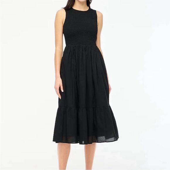 J Crew Factory NWT Smocked Midi Dress Size Petite Small in Black | 100% Cotton - Picture 1 of 9